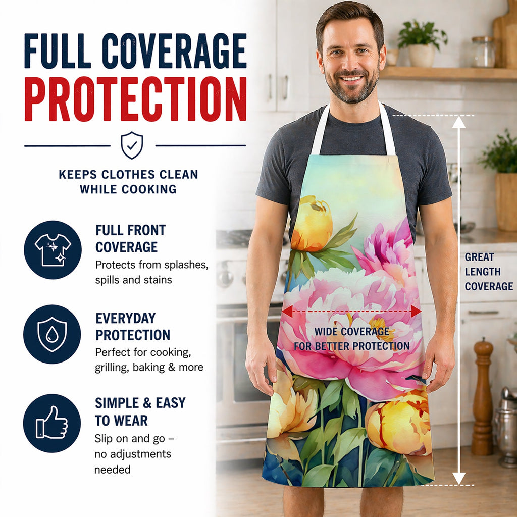 Peonies in Watercolor Apron Cooking Kitchen Server Baking Crafts Gardening for Adult Women Men, Unisex, Large, Multicolor