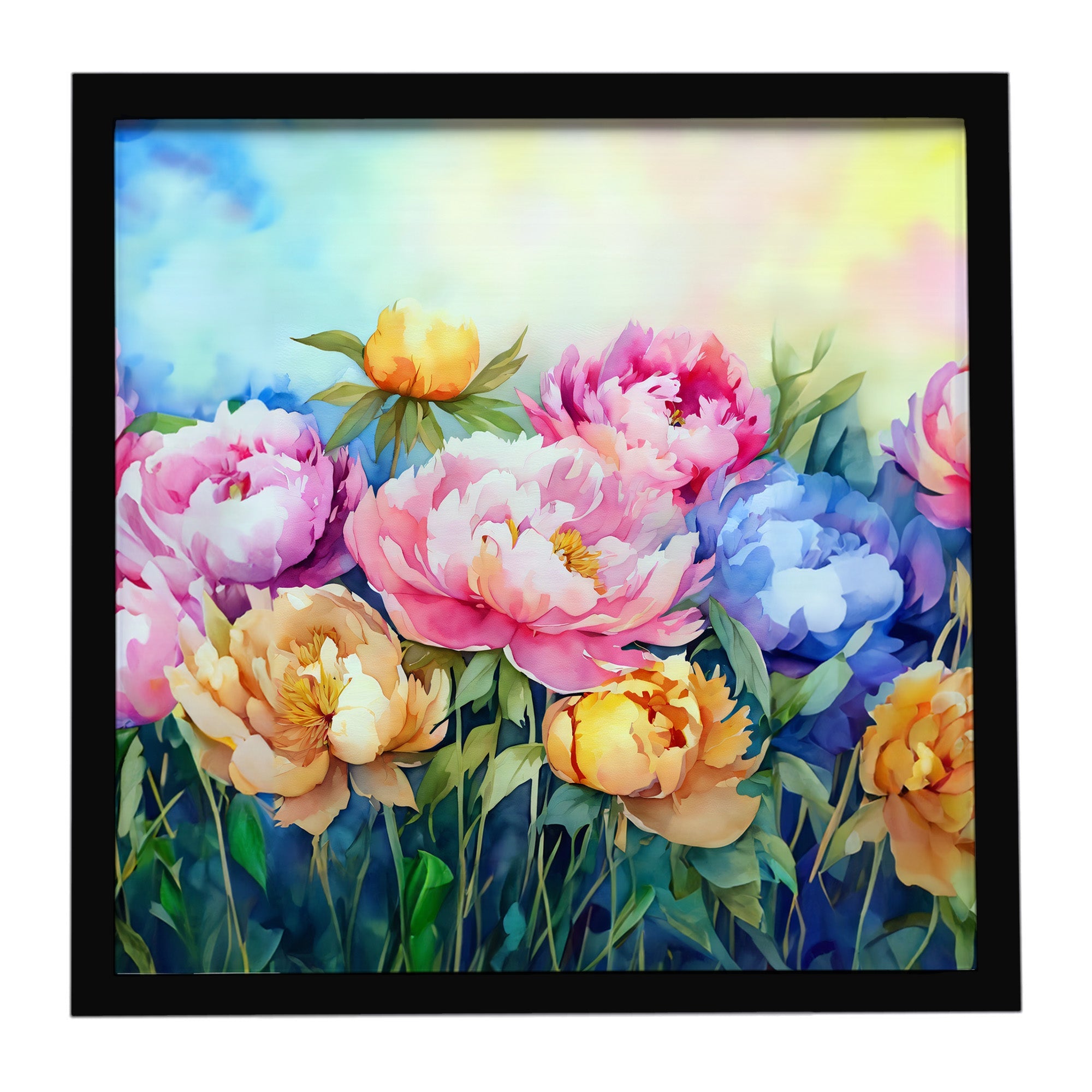 Peonies in Watercolor Framed Metal Print Bathroom, Kitchen, Office, Home Decor Wall Art Ready to Hang, Square, 8X8