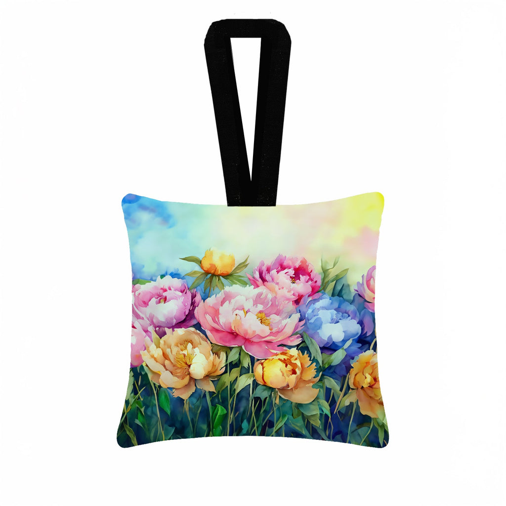 Peonies in Watercolor Hanging Square Fabric Ornament 3.5 × 3.5 Decorative Door-Knob & Tree Hanger, Soft Fabric