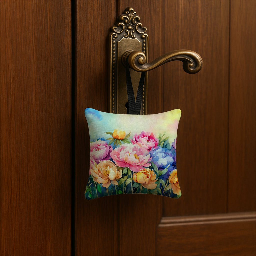 Peonies in Watercolor Hanging Square Fabric Ornament 3.5 × 3.5 Decorative Door-Knob & Tree Hanger, Soft Fabric