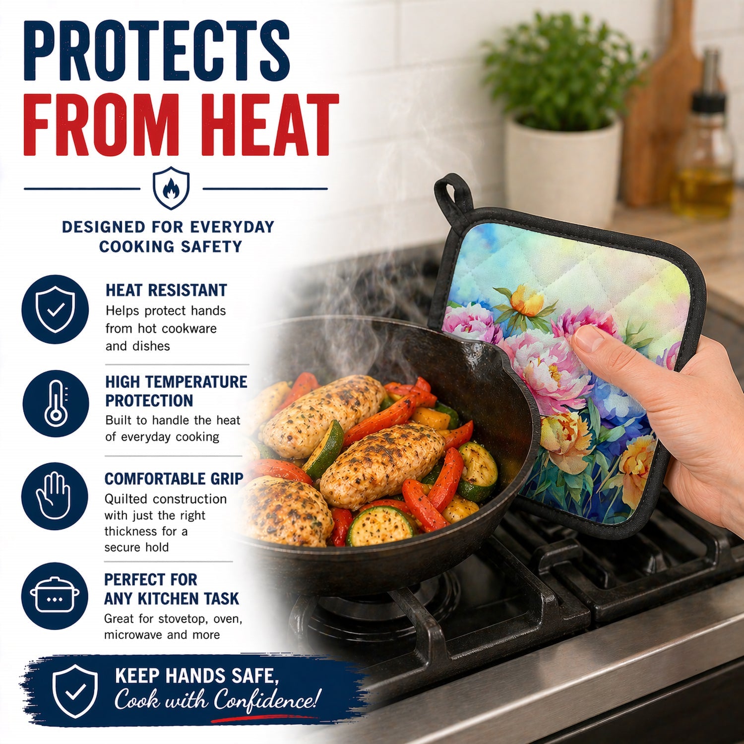 Peonies in Watercolor Pot Holder Set of 2 Heat Resistant Quilted Hot Pads 7.5 x 7.5 Inch, Insulated Kitchen Trivets for Cooking & Baking