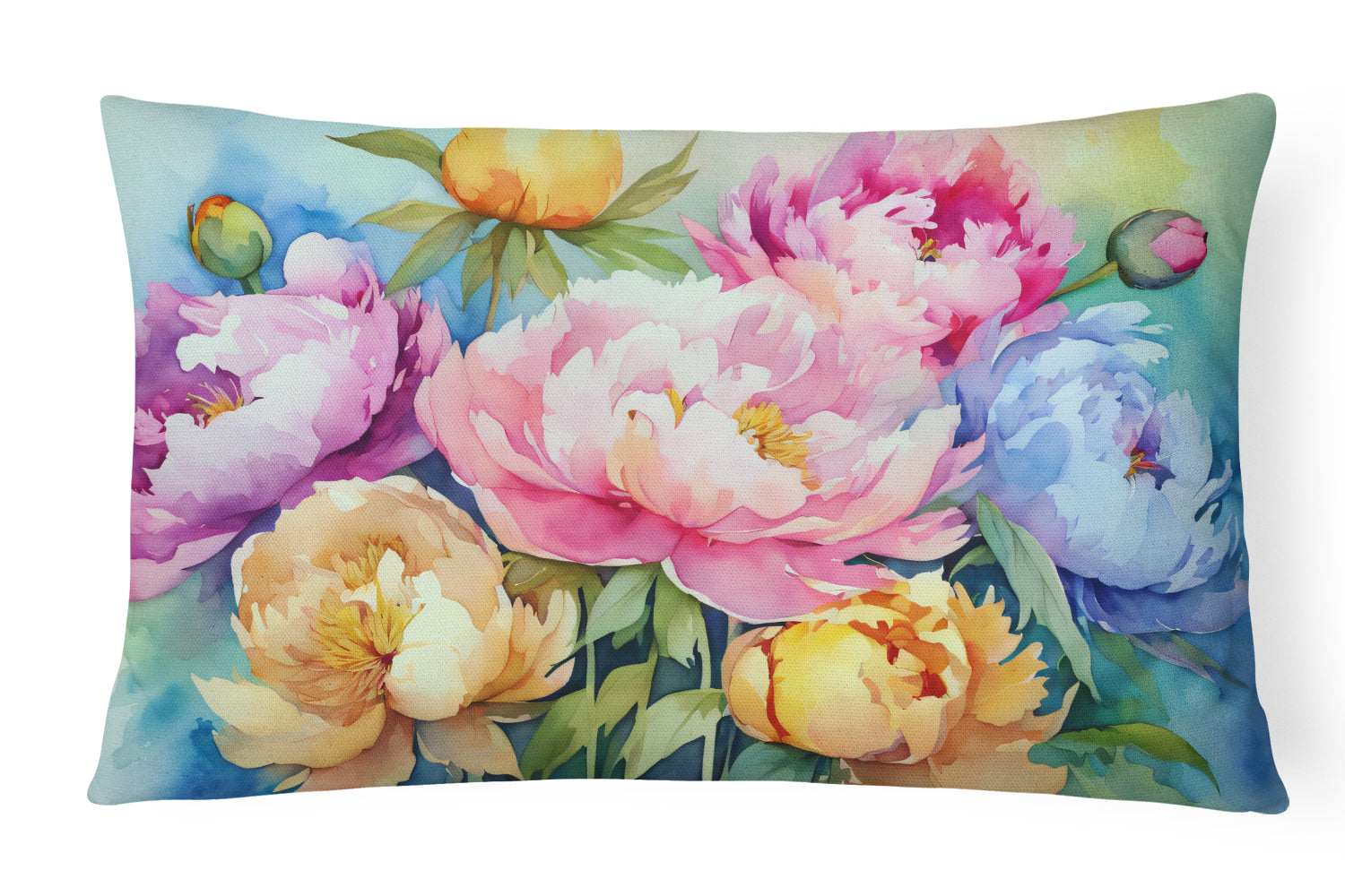 Peonies in Watercolor Decorative Throw Pillow 12x16 Indoor Outdoor Accent Cushion, Fabric Cover with Insert for Sofa, Bed, Porch & Living Room
