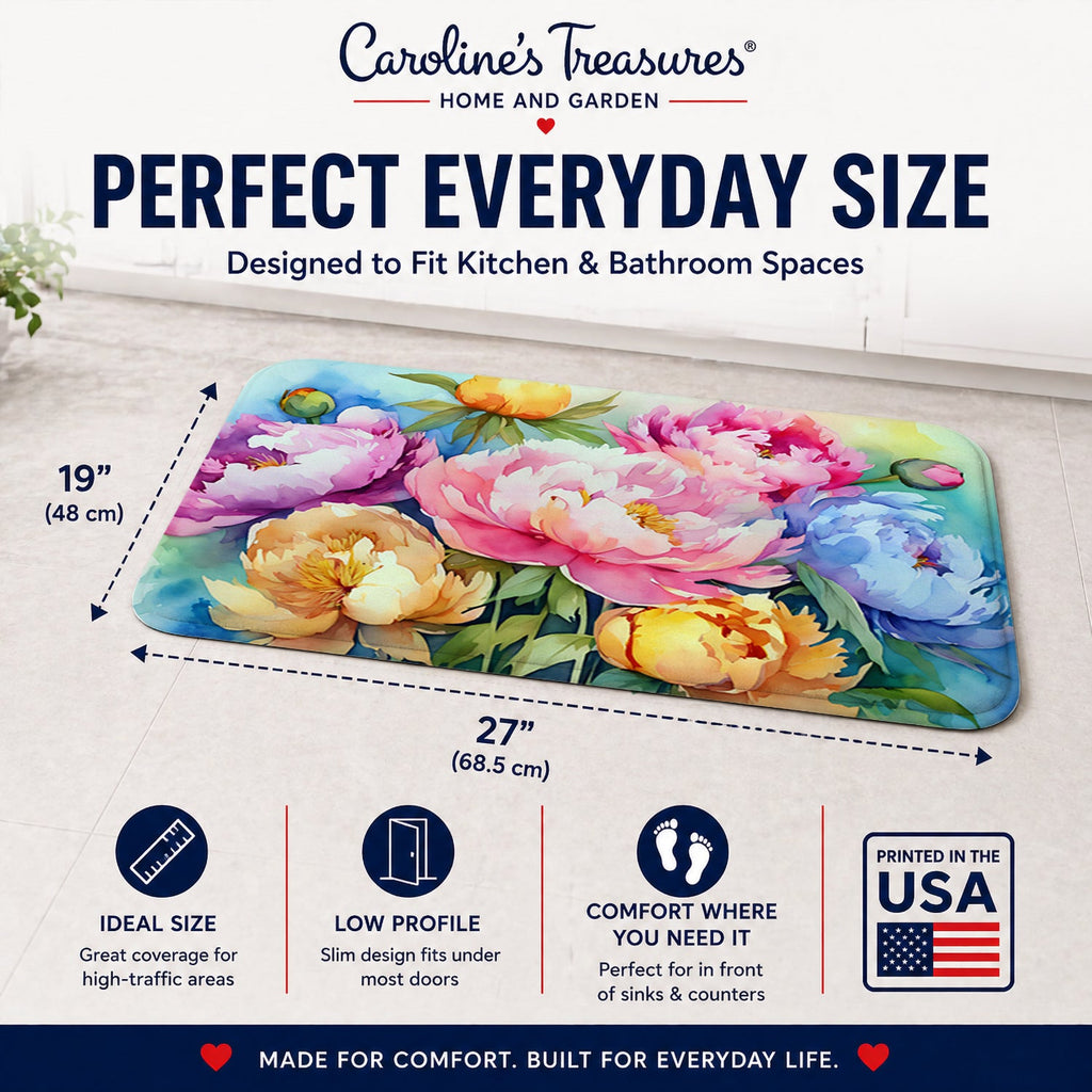 Peonies in Watercolor Memory Foam Kitchen Mat Machine Washable Anti-Fatigue Cushion Comfort Bath or Kitchen Rug