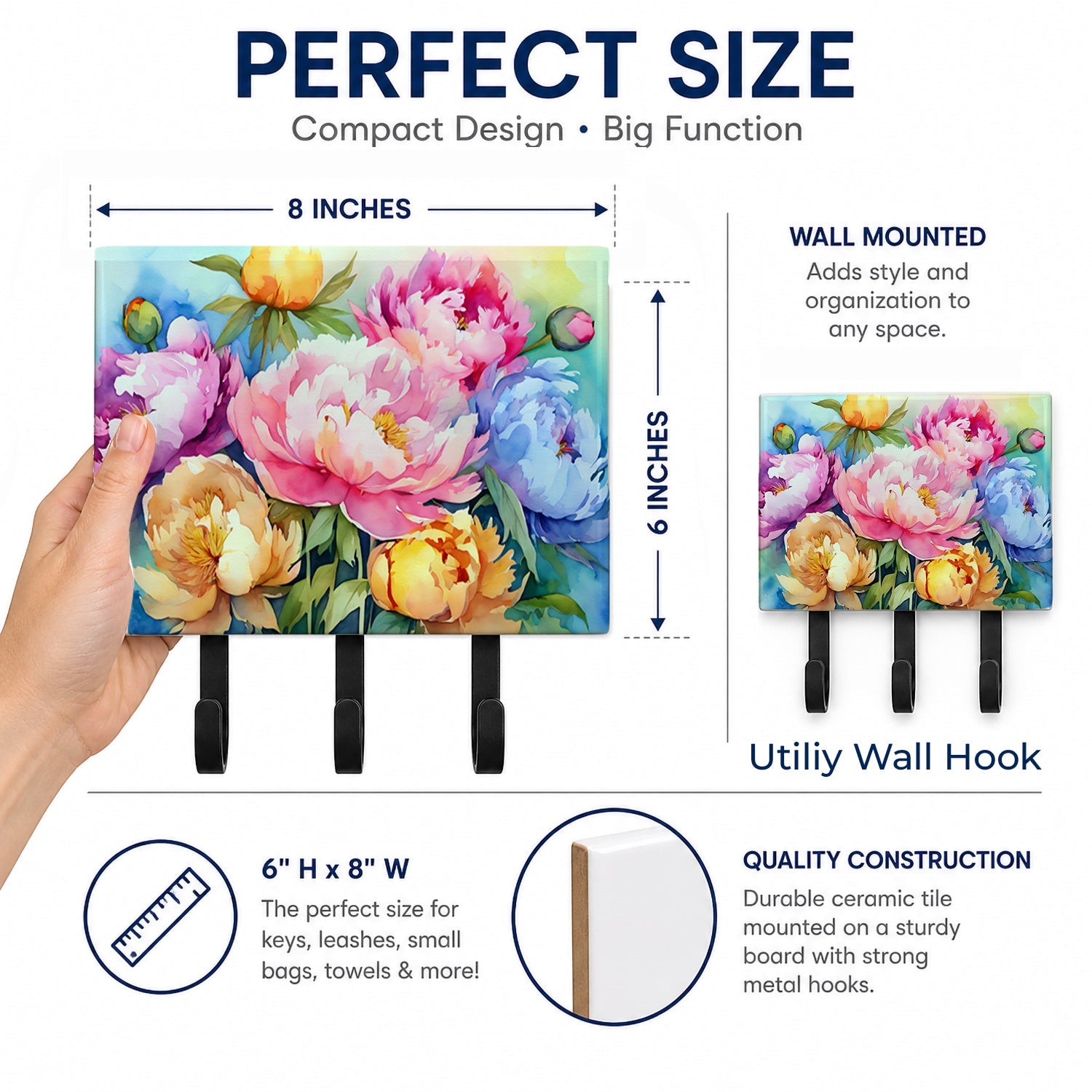 Peonies in Watercolor Leash or Key Holder Wall Hooks, Coat Rack Wall Mount, for Hanging Keys, Towels, Aprons, Leashes