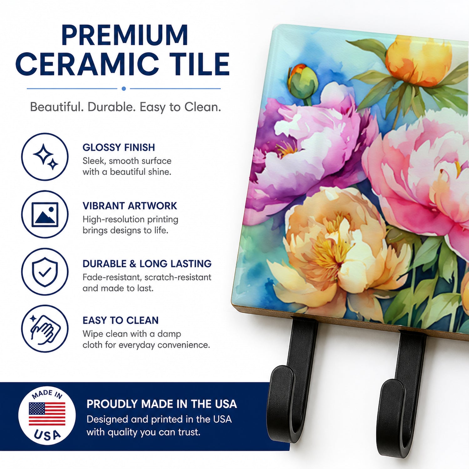 Peonies in Watercolor Leash or Key Holder Wall Hooks, Coat Rack Wall Mount, for Hanging Keys, Towels, Aprons, Leashes