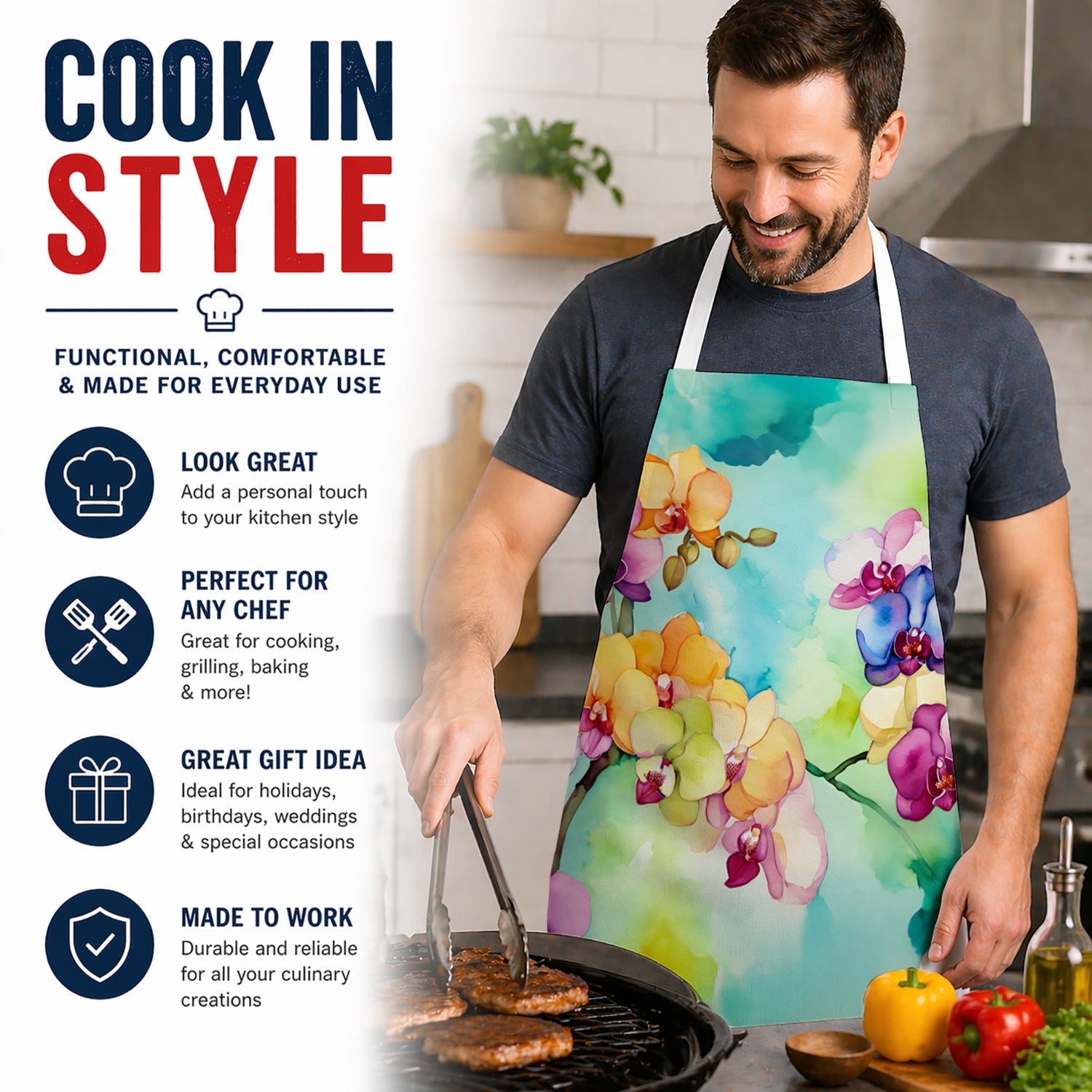 Orchids in Watercolor Apron Cooking Kitchen Server Baking Crafts Gardening for Adult Women Men, Unisex, Large, Multicolor