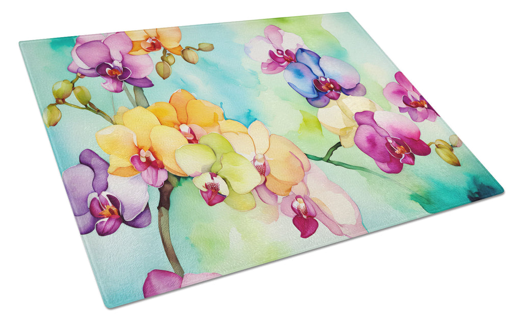 Orchids in Watercolor Cutting Board Tempered Glass Kitchen Cutting Surface, Heat Resistant Chopping, Non-Slip Feet, Food Prep & Serving
