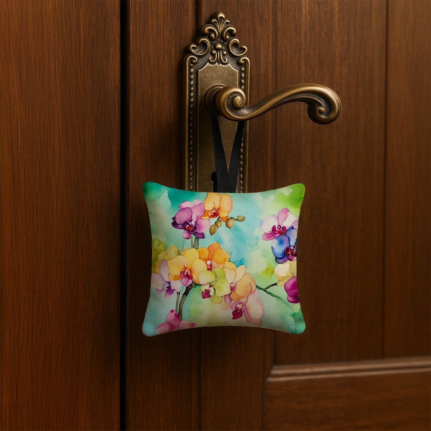 Orchids in Watercolor Hanging Square Fabric Ornament 3.5 × 3.5 Decorative Door-Knob & Tree Hanger, Soft Fabric
