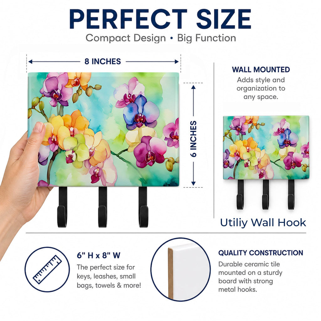 Orchids in Watercolor Leash or Key Holder Wall Hooks, Coat Rack Wall Mount, for Hanging Keys, Towels, Aprons, Leashes