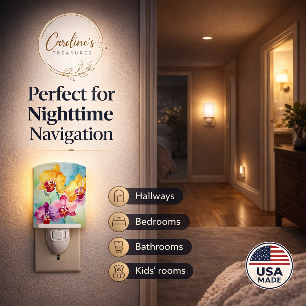 Orchids in Watercolor Ceramic Night Light Compact, UL-Certified, Ideal for Bedroom, Bathroom, Nursery, Hallway, Kitchen, 6x4x3, Multicolor