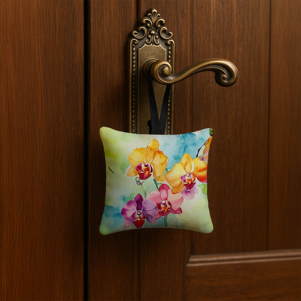 Orchids in Watercolor Hanging Square Fabric Ornament 3.5 × 3.5 Decorative Door-Knob & Tree Hanger, Soft Fabric