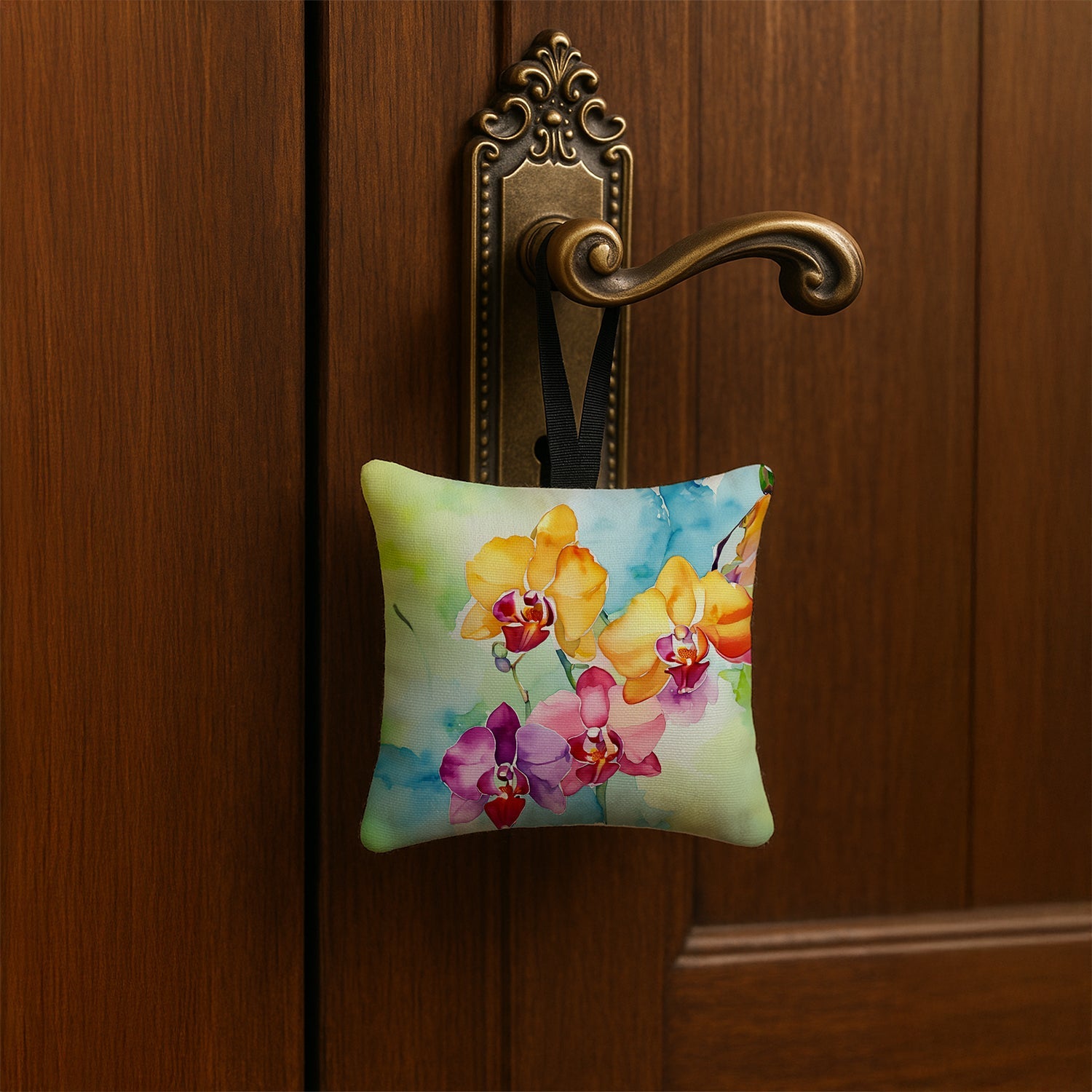 Orchids in Watercolor Hanging Square Fabric Ornament 3.5 × 3.5 Decorative Door-Knob & Tree Hanger, Soft Fabric