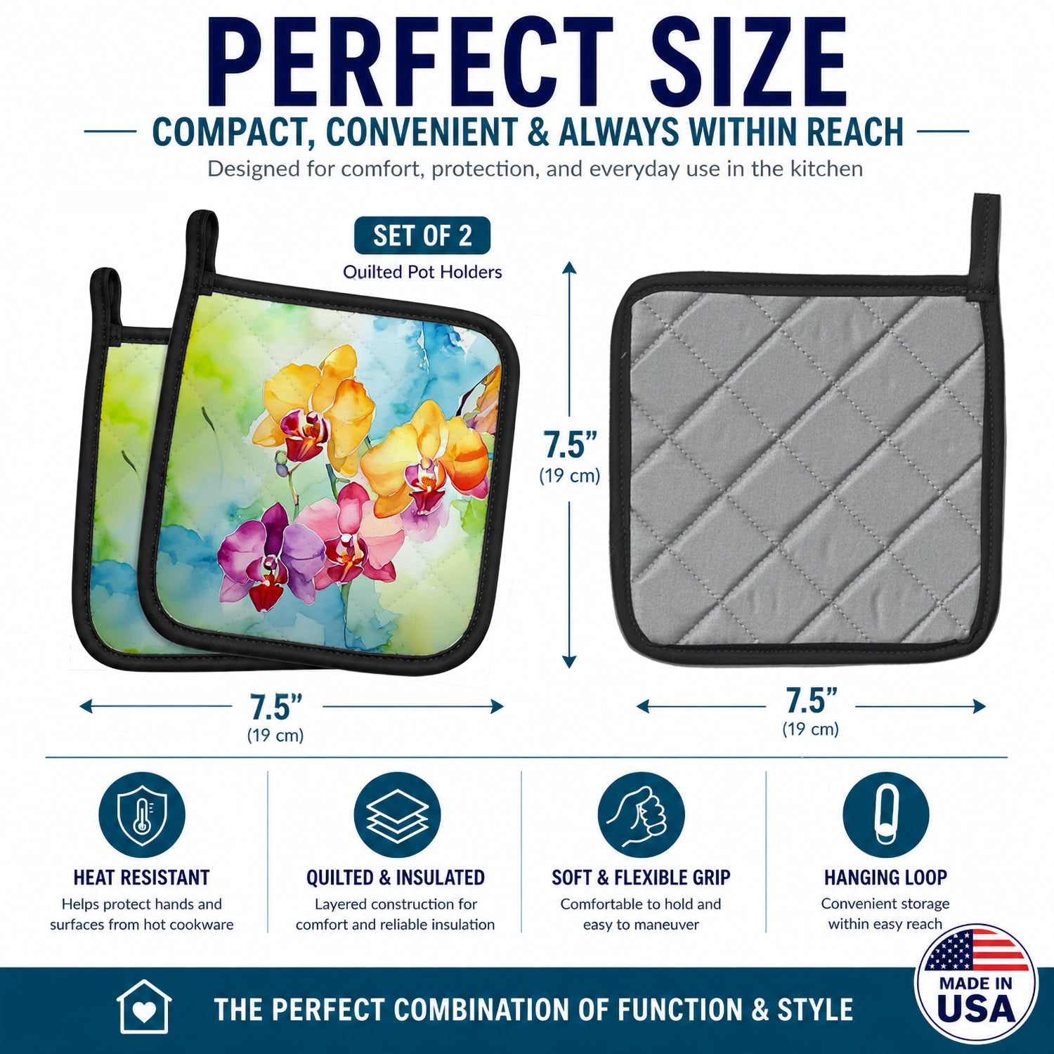 Orchids in Watercolor Pot Holder Set of 2 Heat Resistant Quilted Hot Pads 7.5 x 7.5 Inch, Insulated Kitchen Trivets for Cooking & Baking