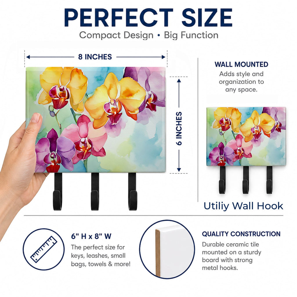 Orchids in Watercolor Leash or Key Holder Wall Hooks, Coat Rack Wall Mount, for Hanging Keys, Towels, Aprons, Leashes