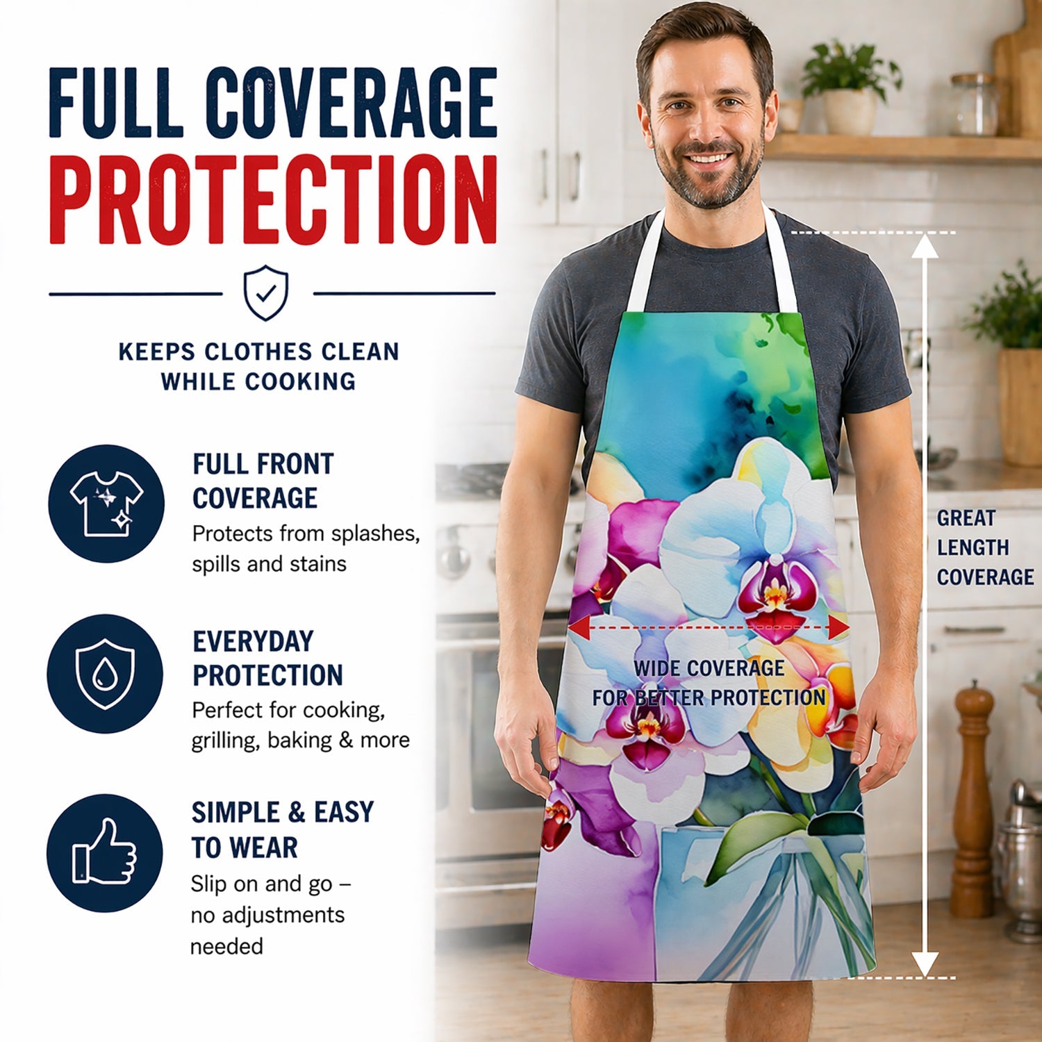Orchids in Watercolor Apron Cooking Kitchen Server Baking Crafts Gardening for Adult Women Men, Unisex, Large, Multicolor