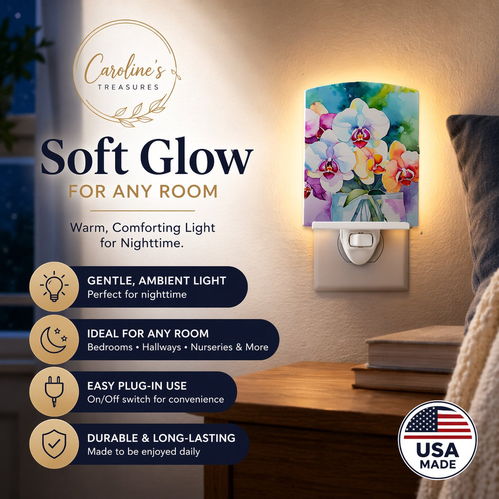 Orchids in Watercolor Ceramic Night Light Compact, UL-Certified, Ideal for Bedroom, Bathroom, Nursery, Hallway, Kitchen, 6x4x3, Multicolor