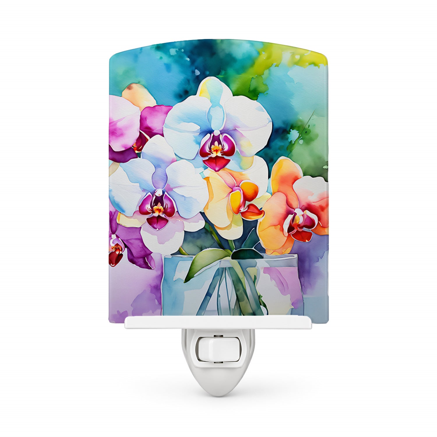 Orchids in Watercolor Ceramic Night Light Compact, UL-Certified, Ideal for Bedroom, Bathroom, Nursery, Hallway, Kitchen, 6x4x3, Multicolor