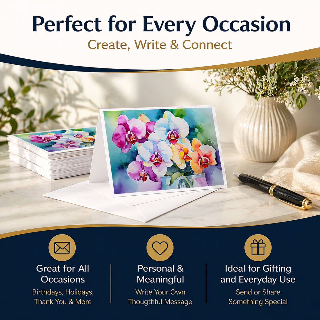 Orchids in Watercolor Greeting Cards Pack of 8 Blank Cards with Envelopes Whimsical A7 Size 5x7