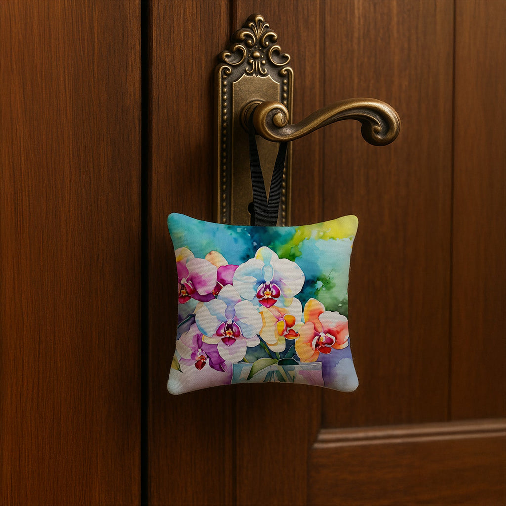 Orchids in Watercolor Hanging Square Fabric Ornament 3.5 × 3.5 Decorative Door-Knob & Tree Hanger, Soft Fabric
