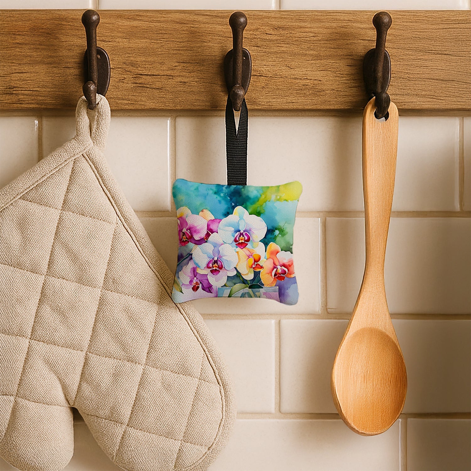 Orchids in Watercolor Hanging Square Fabric Ornament 3.5 × 3.5 Decorative Door-Knob & Tree Hanger, Soft Fabric