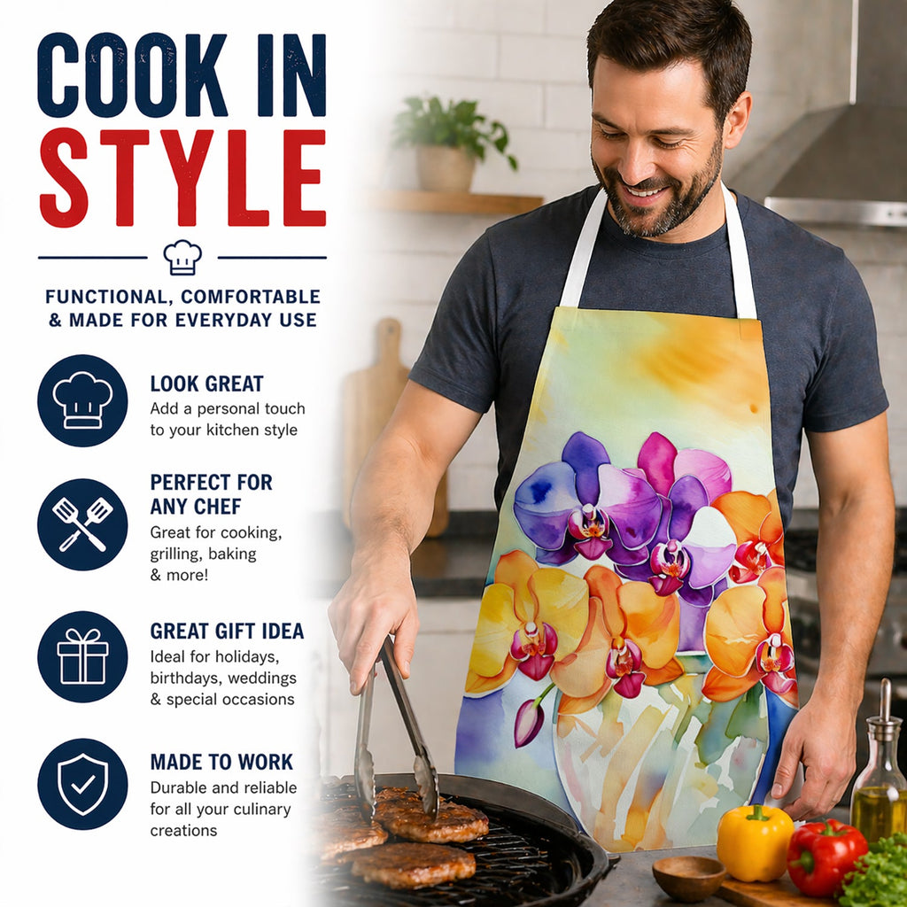 Orchids in Watercolor Apron Cooking Kitchen Server Baking Crafts Gardening for Adult Women Men, Unisex, Large, Multicolor