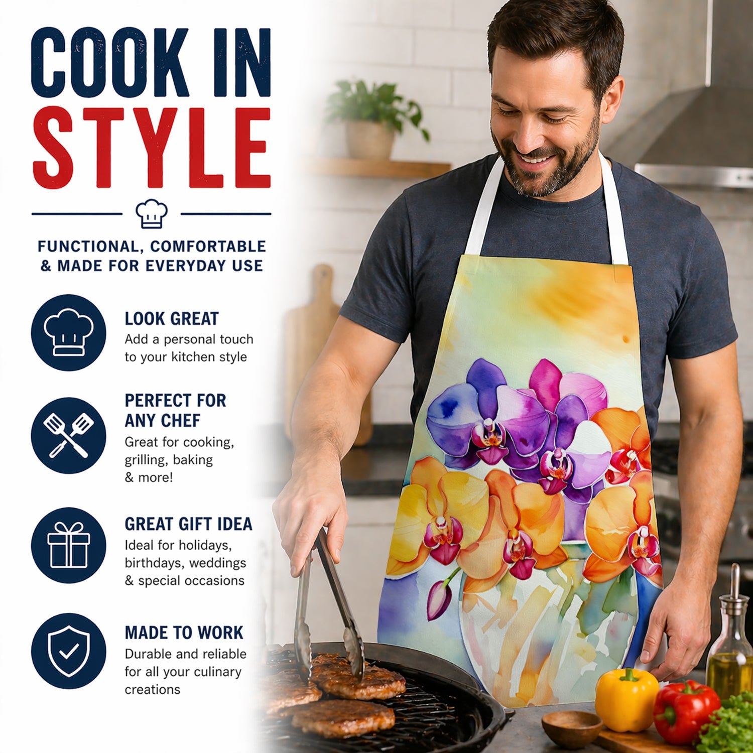 Orchids in Watercolor Apron Cooking Kitchen Server Baking Crafts Gardening for Adult Women Men, Unisex, Large, Multicolor
