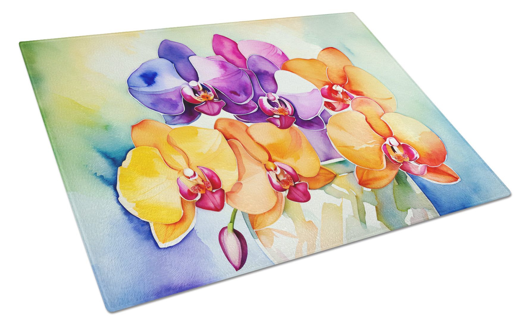 Orchids in Watercolor Cutting Board Tempered Glass Kitchen Cutting Surface, Heat Resistant Chopping, Non-Slip Feet, Food Prep & Serving