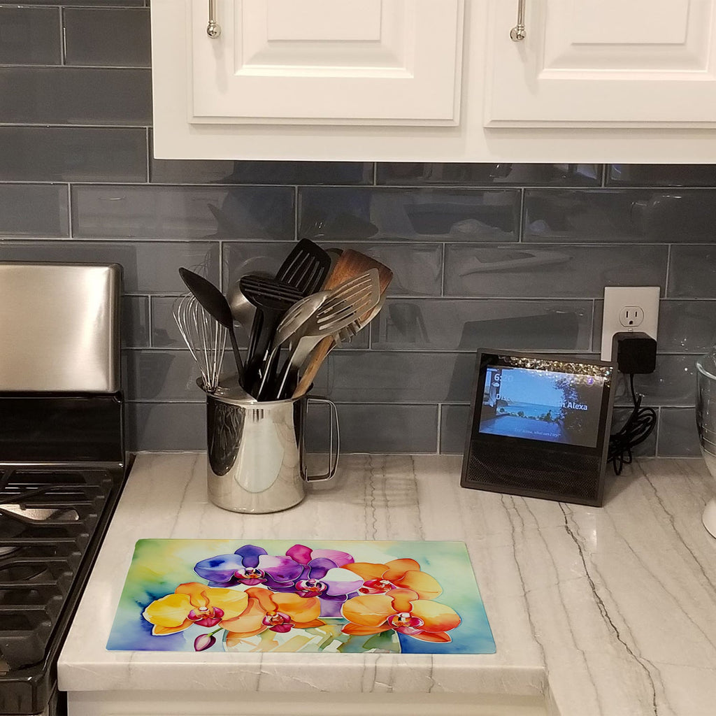 Orchids in Watercolor Cutting Board Tempered Glass Kitchen Cutting Surface, Heat Resistant Chopping, Non-Slip Feet, Food Prep & Serving
