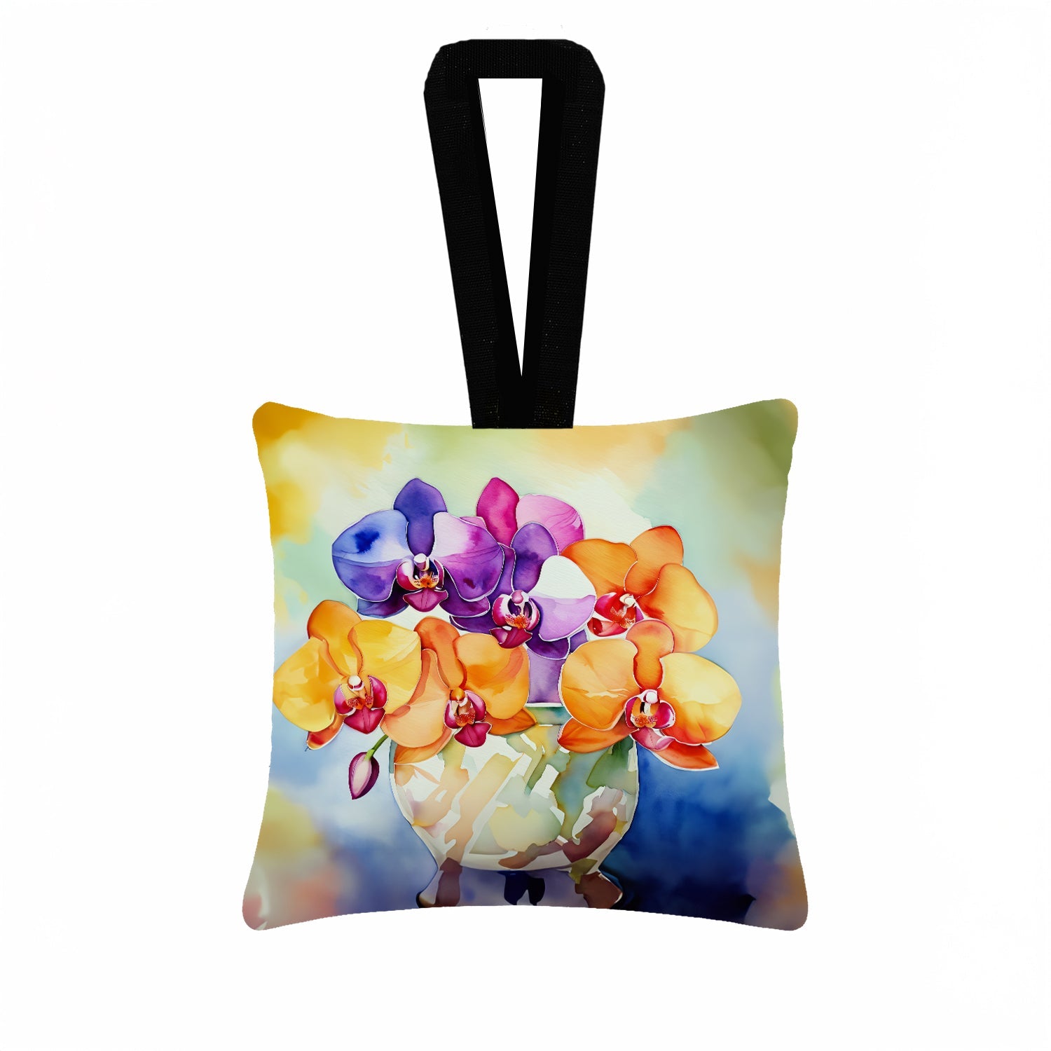 Orchids in Watercolor Hanging Square Fabric Ornament 3.5 × 3.5 Decorative Door-Knob & Tree Hanger, Soft Fabric