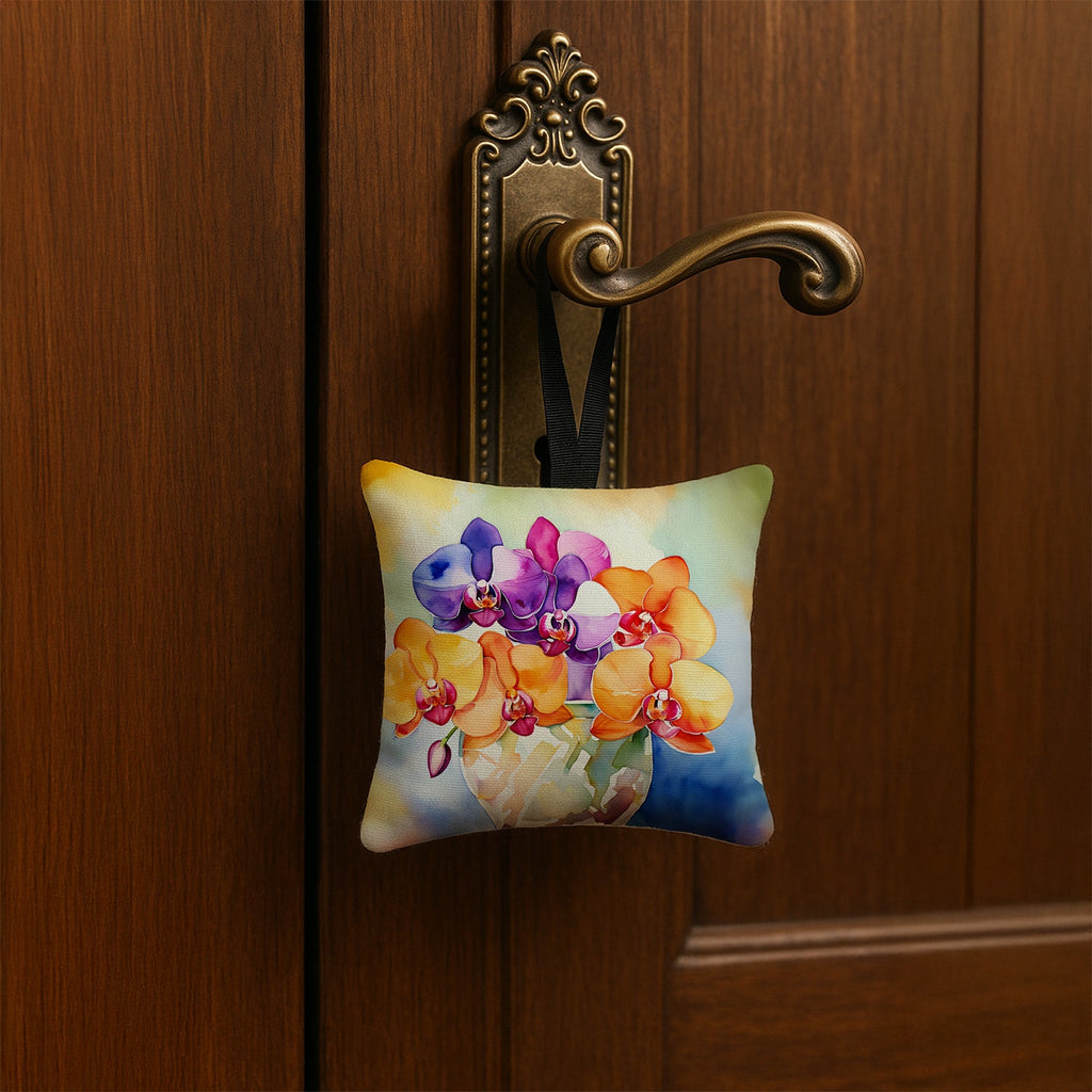 Orchids in Watercolor Hanging Square Fabric Ornament 3.5 × 3.5 Decorative Door-Knob & Tree Hanger, Soft Fabric