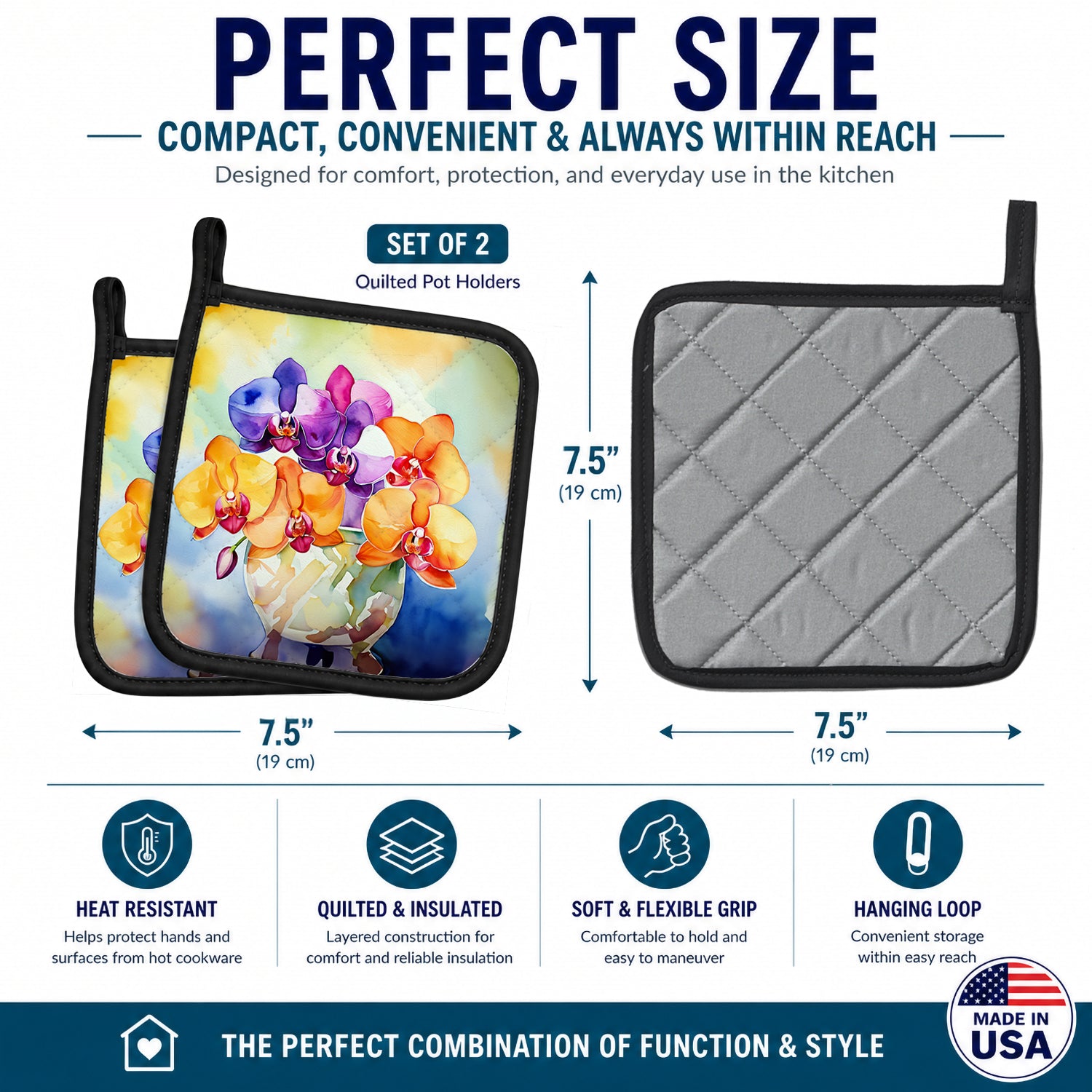 Orchids in Watercolor Pot Holder Set of 2 Heat Resistant Quilted Hot Pads 7.5 x 7.5 Inch, Insulated Kitchen Trivets for Cooking & Baking