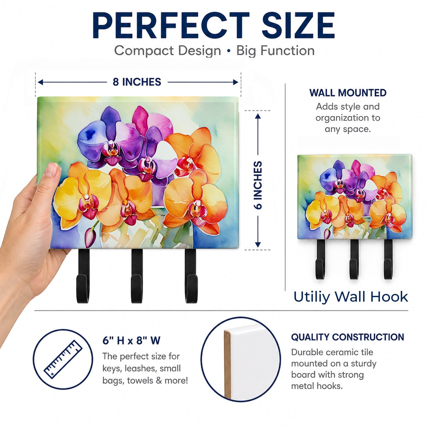 Orchids in Watercolor Leash or Key Holder Wall Hooks, Coat Rack Wall Mount, for Hanging Keys, Towels, Aprons, Leashes