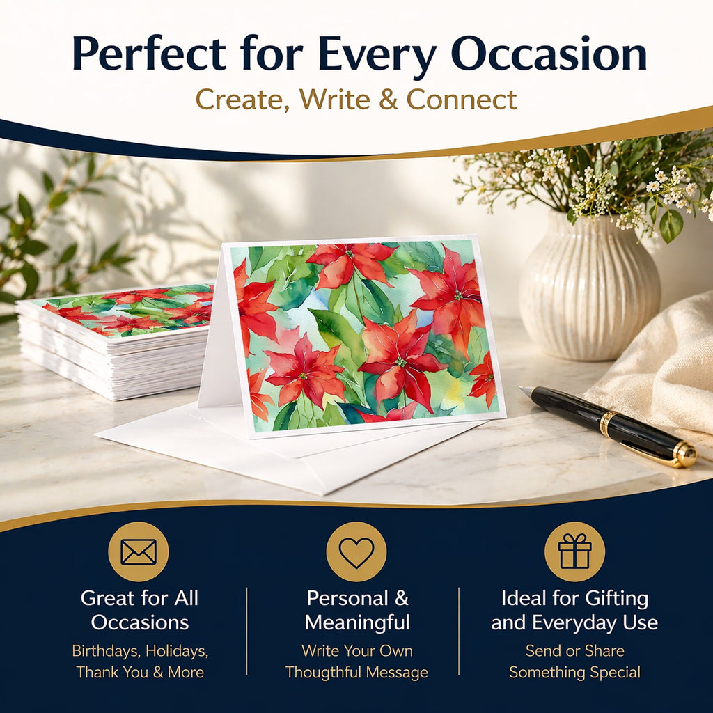 Poinsettias in Watercolor Greeting Cards Pack of 8 Blank Cards with Envelopes Whimsical A7 Size 5x7