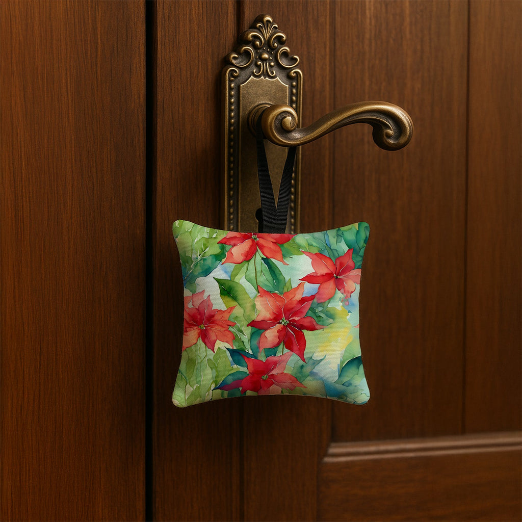 Poinsettias in Watercolor Hanging Square Fabric Ornament 3.5 × 3.5 Decorative Door-Knob & Tree Hanger, Soft Fabric