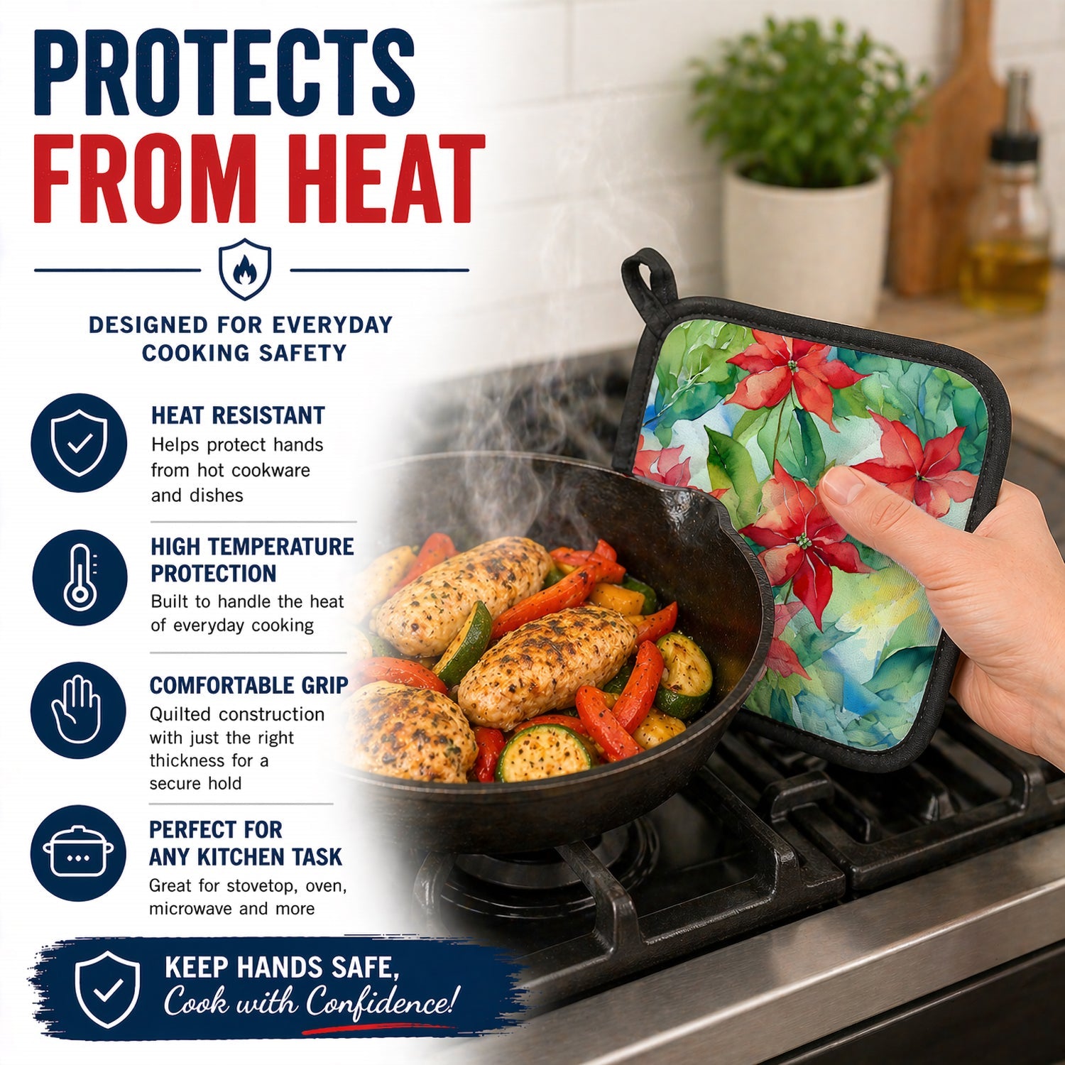 Poinsettias in Watercolor Pot Holder Set of 2 Heat Resistant Quilted Hot Pads 7.5 x 7.5 Inch, Insulated Kitchen Trivets for Cooking & Baking