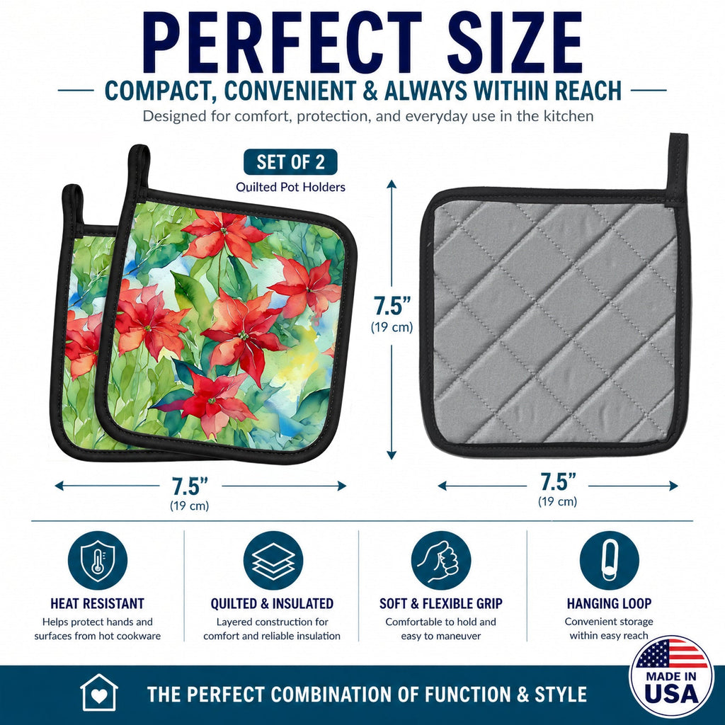 Poinsettias in Watercolor Pot Holder Set of 2 Heat Resistant Quilted Hot Pads 7.5 x 7.5 Inch, Insulated Kitchen Trivets for Cooking & Baking