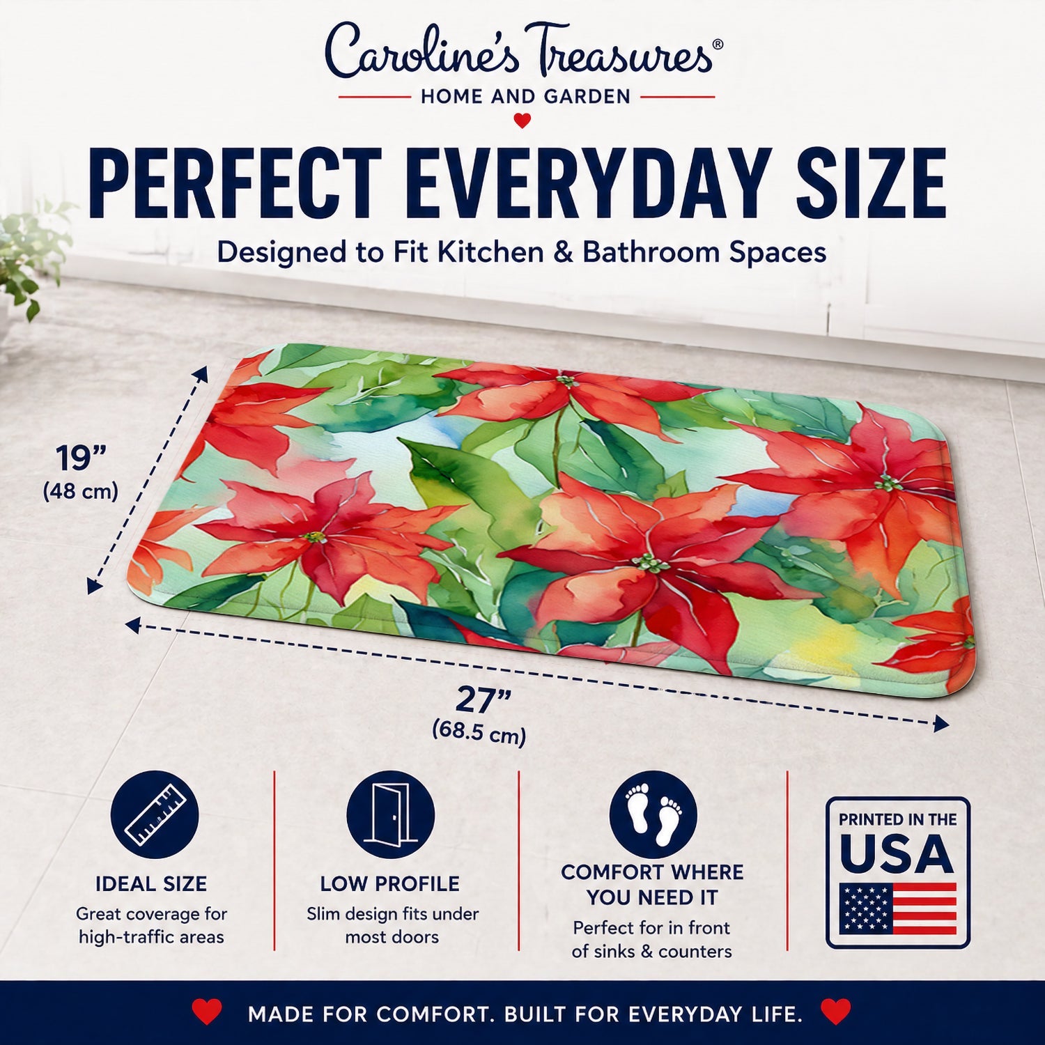 Poinsettias in Watercolor Memory Foam Kitchen Mat Machine Washable Anti-Fatigue Cushion Comfort Bath or Kitchen Rug