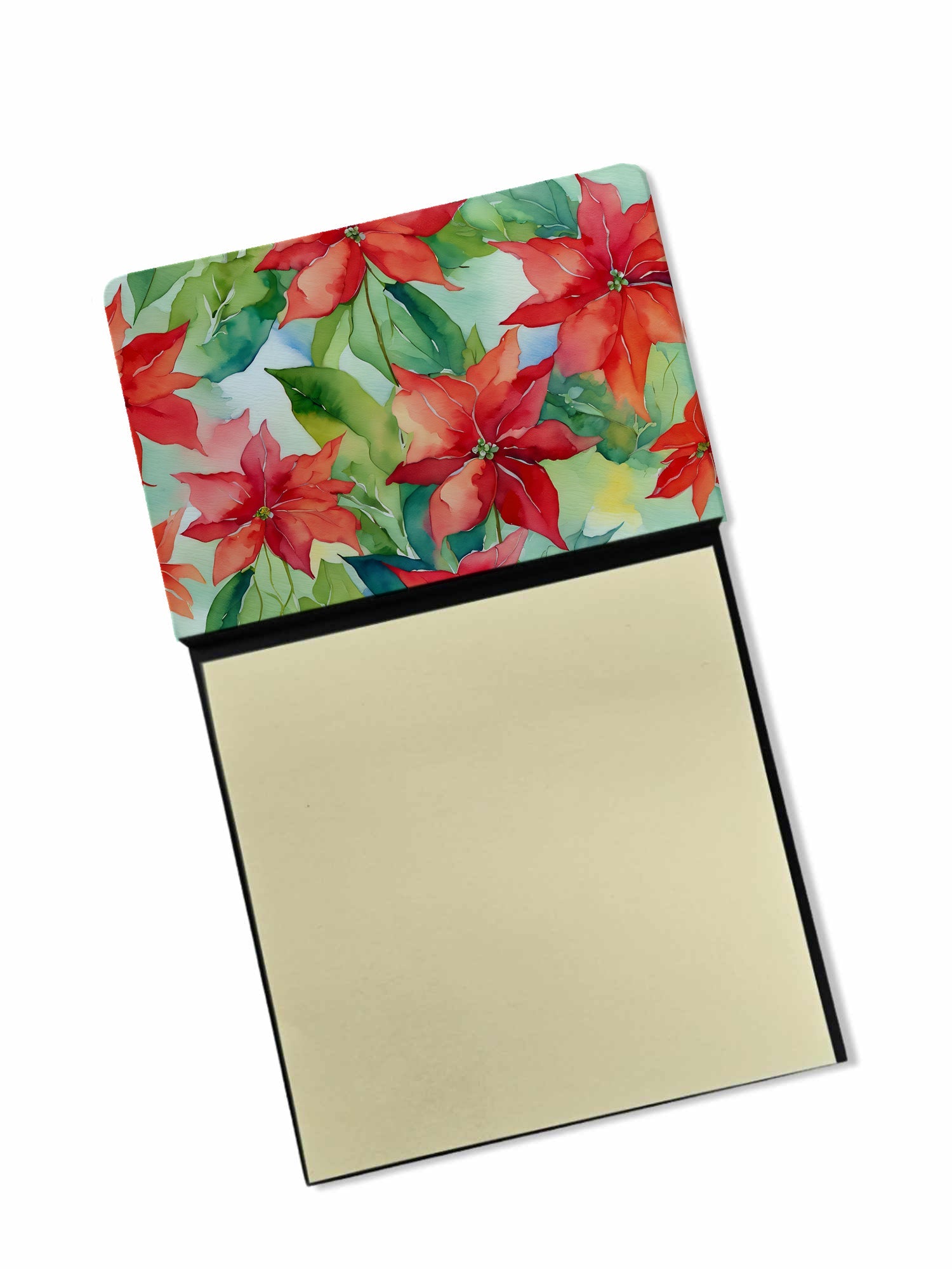 Poinsettias in Watercolor Watercolor Sticky Note Holder Refillable Dispenser Desk Accessory 3x3 Pad Gift