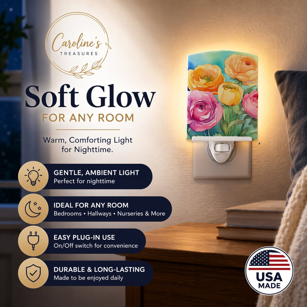 Ranunculus in Watercolor Ceramic Night Light Compact, UL-Certified, Ideal for Bedroom, Bathroom, Nursery, Hallway, Kitchen, 6x4x3, Multicolor