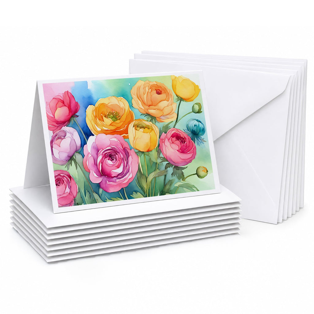 Ranunculus in Watercolor Greeting Cards Pack of 8 Blank Cards with Envelopes Whimsical A7 Size 5x7