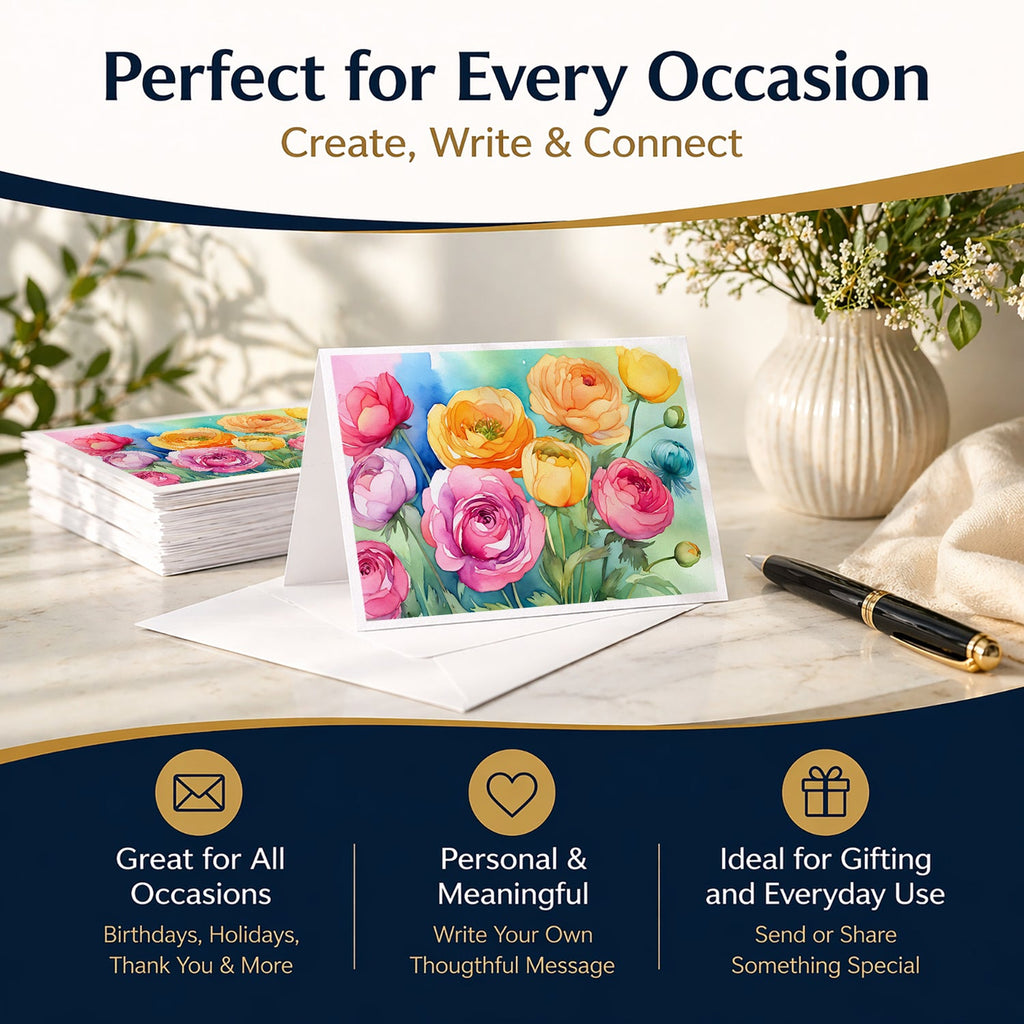 Ranunculus in Watercolor Greeting Cards Pack of 8 Blank Cards with Envelopes Whimsical A7 Size 5x7