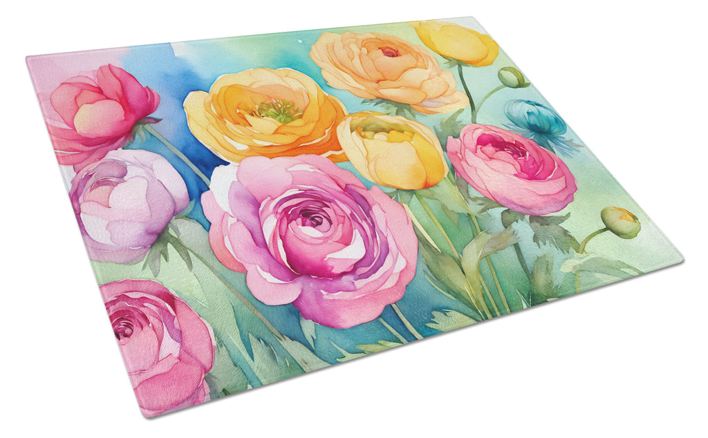 Ranunculus in Watercolor Cutting Board Tempered Glass Kitchen Cutting Surface, Heat Resistant Chopping, Non-Slip Feet, Food Prep & Serving