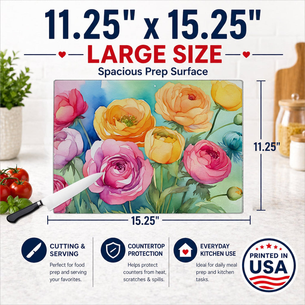 Ranunculus in Watercolor Cutting Board Tempered Glass Kitchen Cutting Surface, Heat Resistant Chopping, Non-Slip Feet, Food Prep & Serving