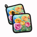 Ranunculus in Watercolor Pot Holder Set of 2 Heat Resistant Quilted Hot Pads 7.5 x 7.5 Inch, Insulated Kitchen Trivets for Cooking & Baking