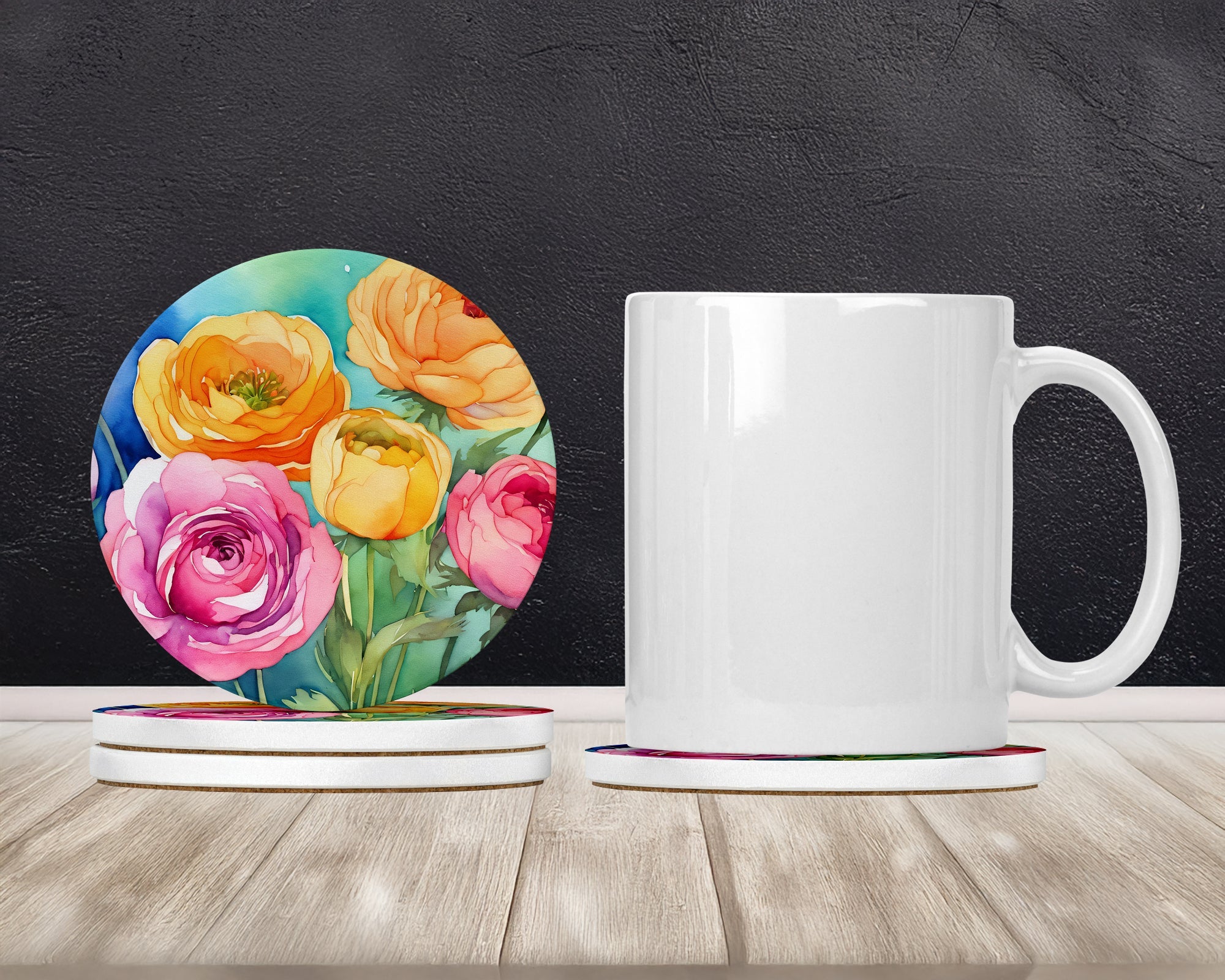 Ranunculus in Watercolor Large Sandstone Coasters Pack of 4 Absorbent Round Coasters Decor Gifts for Men or Women, 4 in, Multicolor