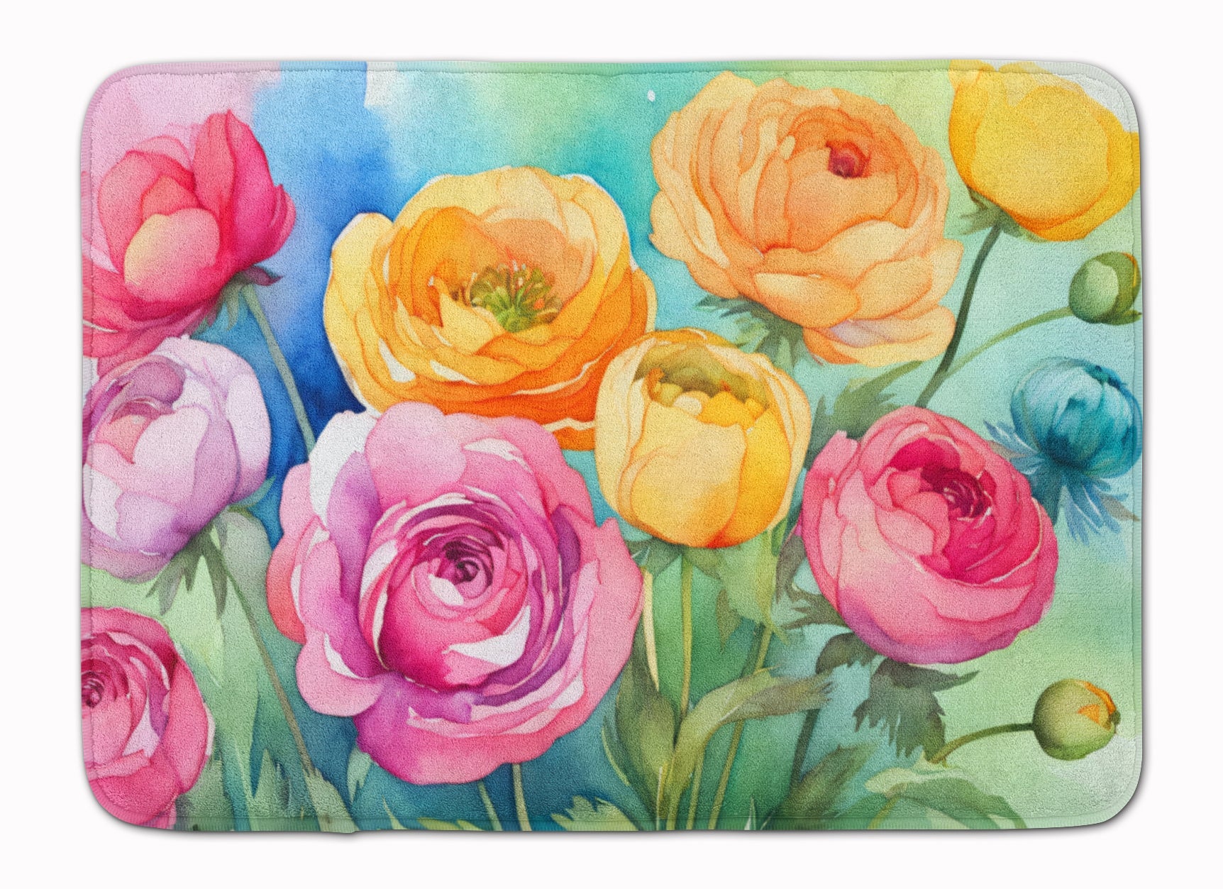Ranunculus in Watercolor Memory Foam Kitchen Mat Machine Washable Anti-Fatigue Cushion Comfort Bath or Kitchen Rug