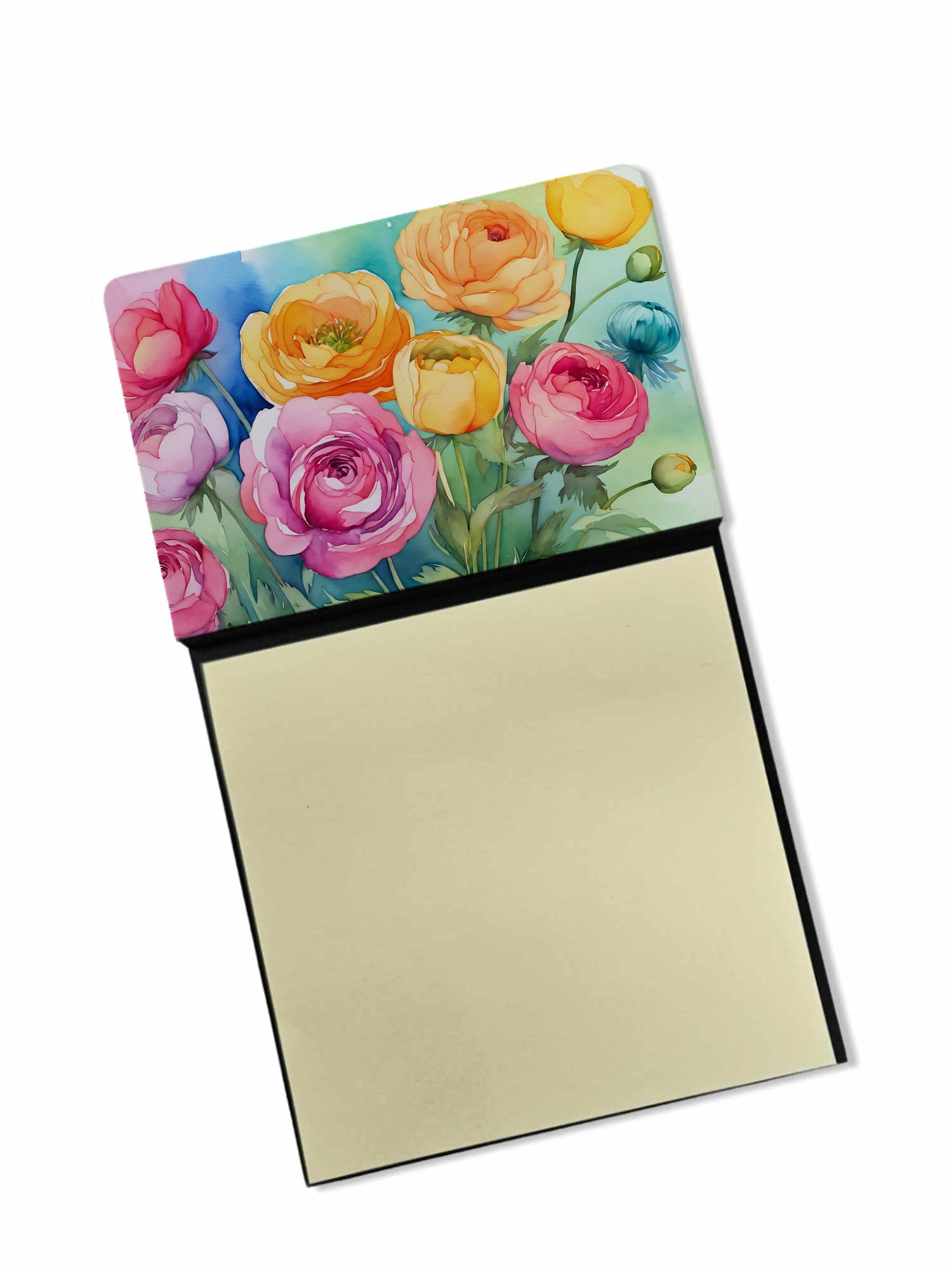 Ranunculus in Watercolor Watercolor Sticky Note Holder Refillable Dispenser Desk Accessory 3x3 Pad Gift