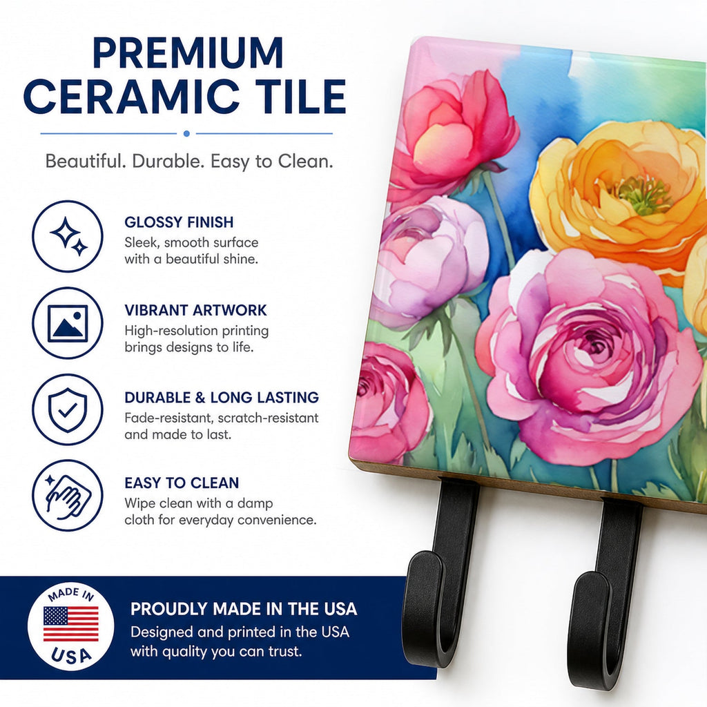 Ranunculus in Watercolor Leash or Key Holder Wall Hooks, Coat Rack Wall Mount, for Hanging Keys, Towels, Aprons, Leashes
