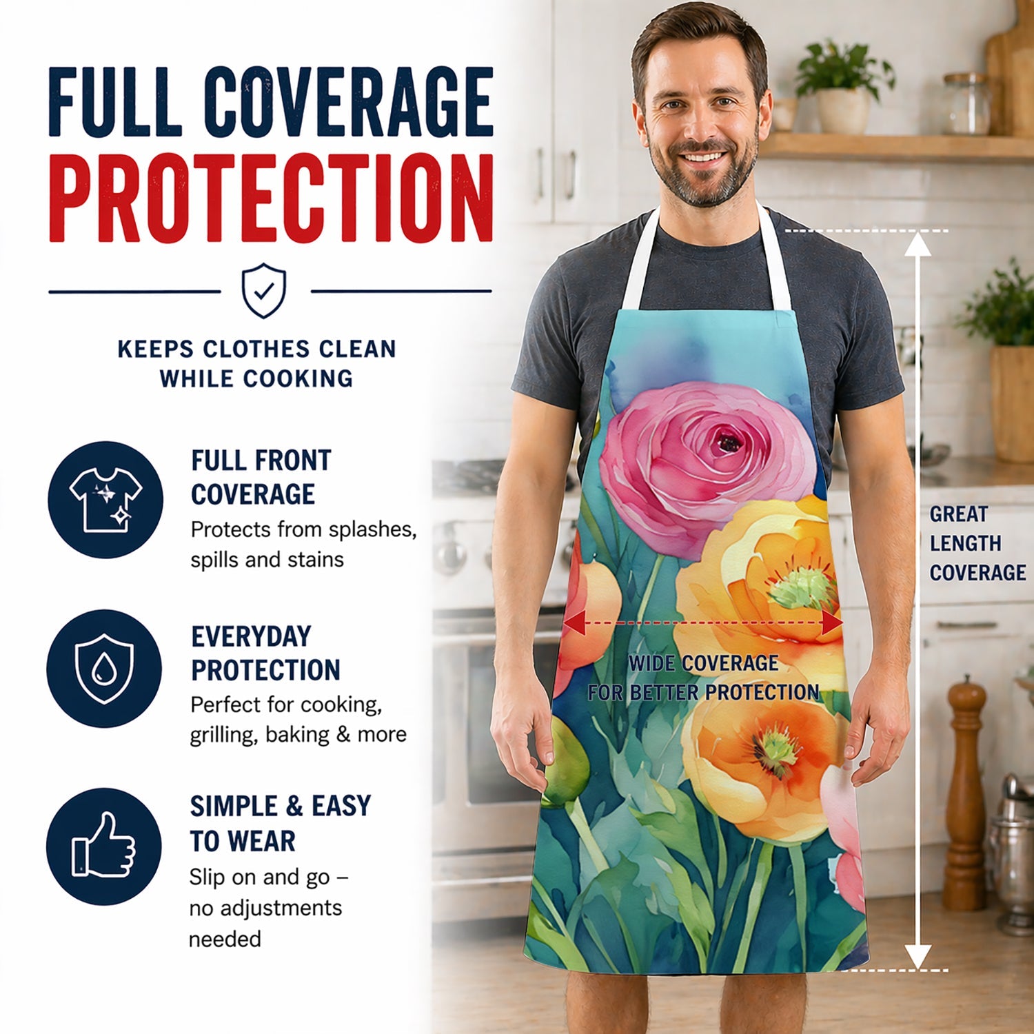 Ranunculus in Watercolor Apron Cooking Kitchen Server Baking Crafts Gardening for Adult Women Men, Unisex, Large, Multicolor
