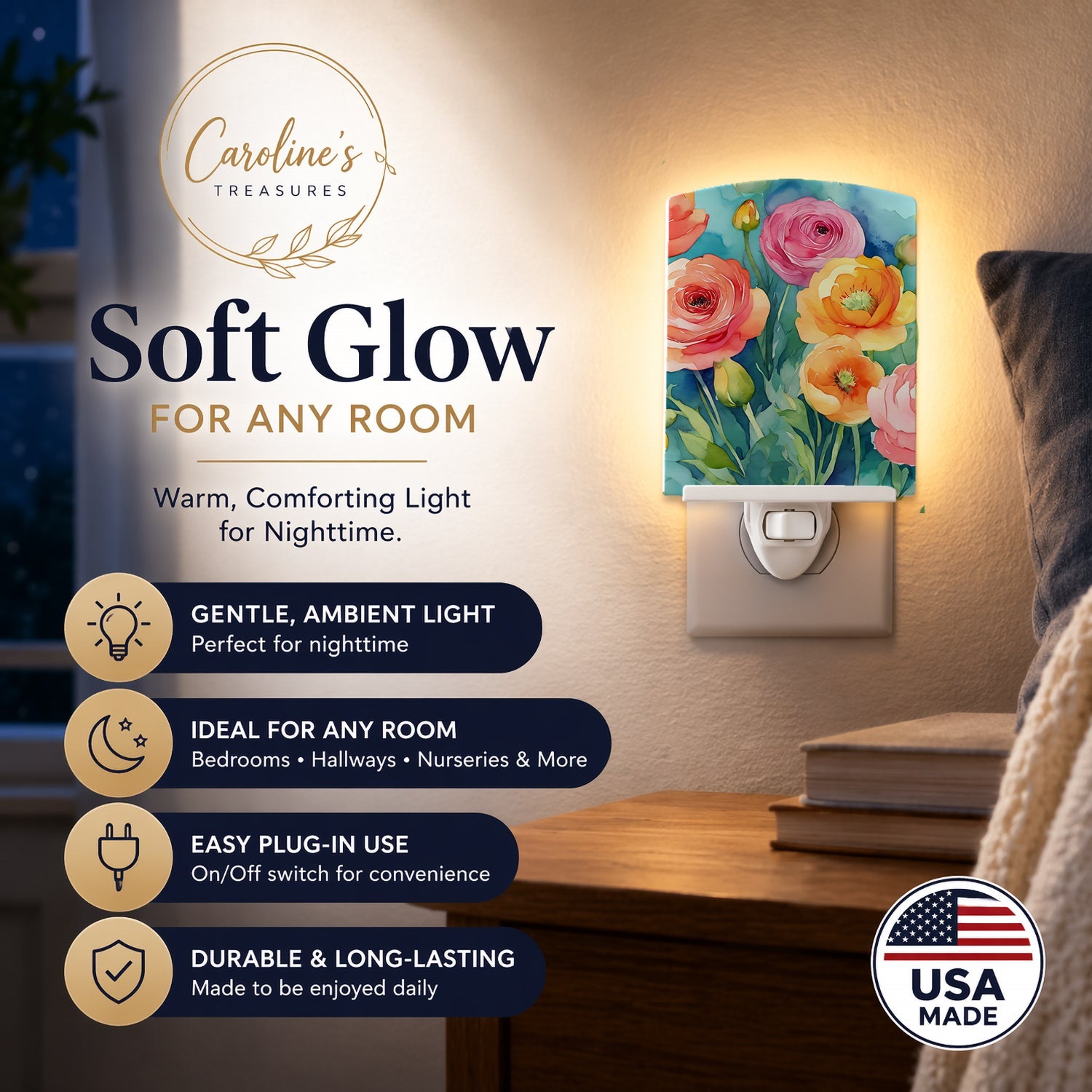 Ranunculus in Watercolor Ceramic Night Light Compact, UL-Certified, Ideal for Bedroom, Bathroom, Nursery, Hallway, Kitchen, 6x4x3, Multicolor